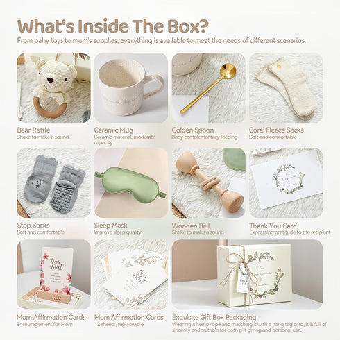 Set Package New Mom & Baby Gift | Pregnancy & Baby Shower Gifts for Her | Mama Bear Mug, Eye Mask & Baby Rattle Care