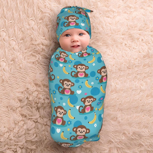 Nanyizly Set 0-6m Monkeys and Bananas Newborns Beanie Swaddle Blanket Baby Receiving Blankets for Infant Boy Girl