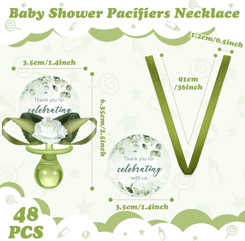 48 Coume Pcs Sage Green Baby Shower Favors Acrylic Pacifier Necklace Thank You Gift Bulk with Cards for Guests Prizes
