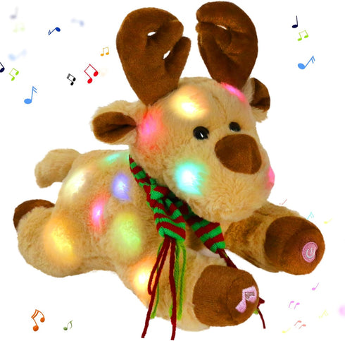 Glow Guards Christmas Reindeer Stuffed Animal - Light Up Music 15'' Night Light LED Glowing Singing Elk Plush Toy for
