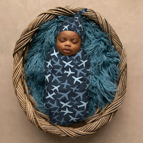 Set KiuLoam Camouflage Blue Jets Airplanes Newborn Swaddle with Matching Hat, Newborn Receiving Blanket Soft Unisex