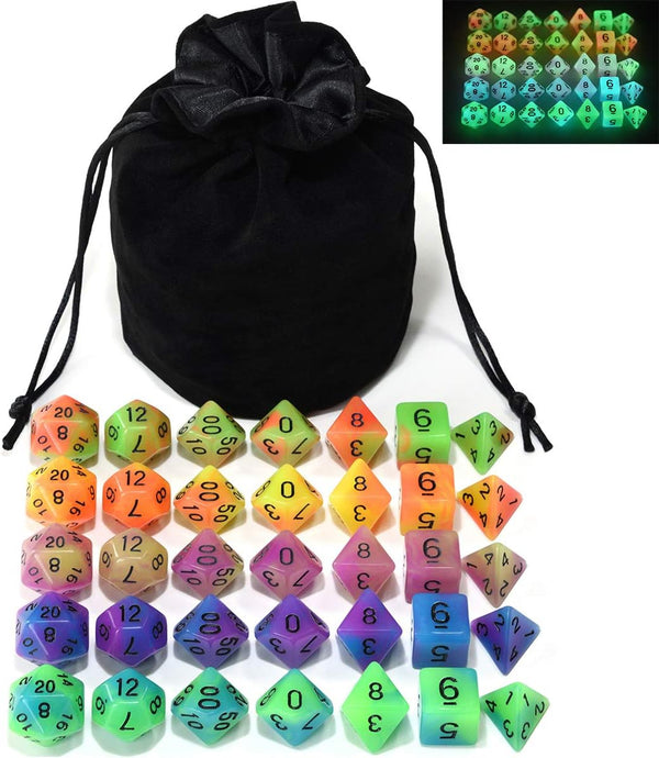 Double Color Glow in The Dark Dice Set, 35 Pieces Polyhedral Dice for RPG DND MTG Games with Black Velvet Pouch