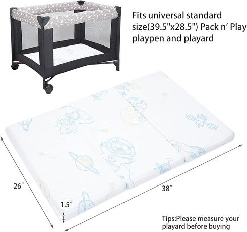 Ressainic Pack Pack 38" 26" 1.5" and Play Mattress Pad, Trifold Portable Crib N Play Mattresses, x x Jacquard Playpen