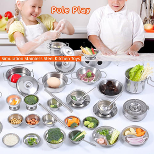 Kids Kitchen Pretend Play Toys Accessories with Stainless Steel Cookware Pots and Pans Set, Classic Cooking Utensils