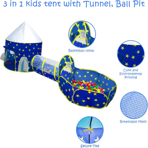 PigPigPen 3pc Kids Play Tent for Boys with Ball Pit, Crawl Tunnel, Princess Tents for Toddlers