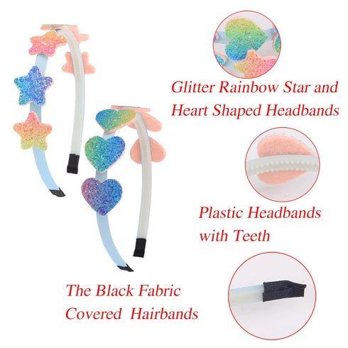 XIMA Glitter Heart Girls Headbands, Rainbow Star Hair Accessories, Pack of 8