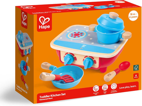 Set 6 Set, Playset Hape Toddler Kitchen | Wooden Piece Cooking Pretend Kitchen with Toy Stove, Frying Pan, Spoon
