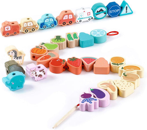 Montessori Educational Threading Toys, Wooden Stringing Traffic Animals Fruits Lacing Beads for Toddlers