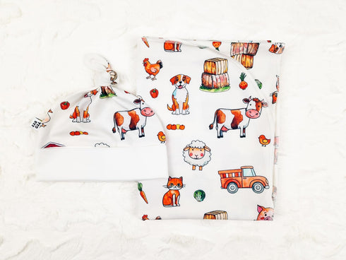 Set 0-3 Country (0-3 Farm Swaddle Blanket and Hat Newborn Month Wrap Baby Receiving Blanket Animals Cow Design Months