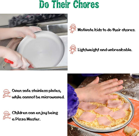 E-far Stainless Steel Plates Set of 4 - 8-inch Metal Dinner Plates for Kids, Shatterproof & Dishwasher Safe