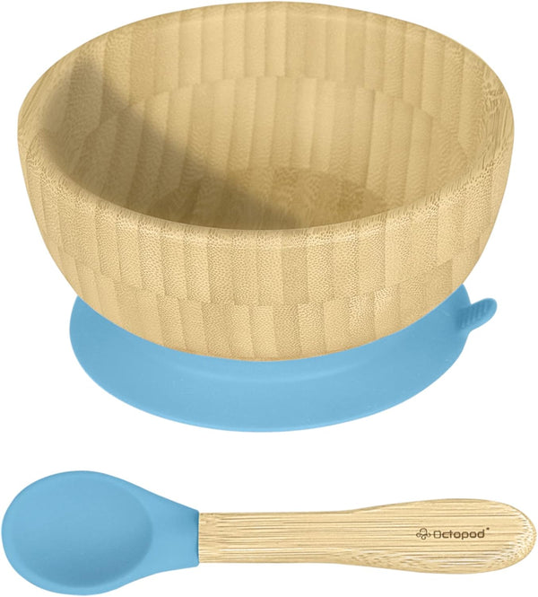 Abiie Octopod Bamboo Baby Bowl Set - Mess-Free High Chair Suction Bowl with Spoon for Toddlers, Blue
