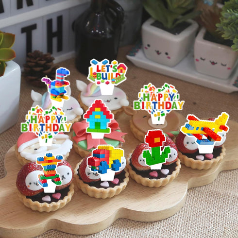 CoquetteBow012 24-Piece Building Block Brick Themed Birthday Party Cupcake Toppers Decorations for Party Supplies