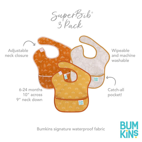 Bumkins Bibs for Girl or Boy, SuperBib Baby and Toddler for 6-24 Months, Waterproof Fabric 3-Pack (Desert Boho)