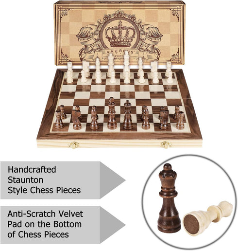 15 Inches Set 2 Set 6 AMEROUS Magnetic Wooden Chess - Extra Queens - Folding Board - Pieces Storage Slots, Handmade
