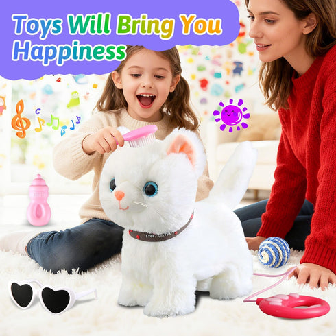 Marsjoy Set White Leash Walking Cat Singing That Purrs and Meows Animated Plush Robot Kitten Pet Moving Plush Realistic