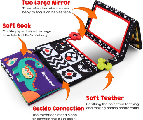 Tummy 3 6 12 Time Floor Mirror with Crinkle Cloth Book and Teethers, Double-sided Baby Mirror Black and White High
