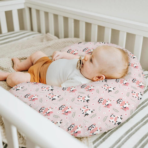 Cute Cow Pink Bows Baby Nursing Pillow Covers for Boy Girl Cartoon Cows with Flowers Leaves Nursing Pillowcase