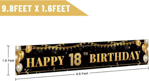 Large Black and Gold Happy 18th Birthday Decoration Banner, 18th Birthday Party Supplies (9.8x1.6ft)