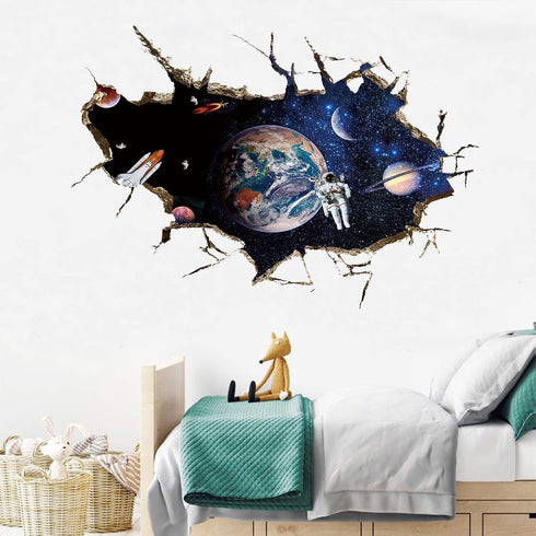 3D Planet Galaxy Astronaut Wall Stickers, DILIBRA Removable Spacecraft View Decals for Kids Room Decor