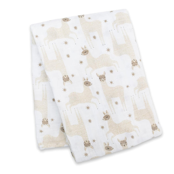 lulujo Baby 100% Cotton Muslin Swaddle Blanket, 47 x 47-Inches, Modern Llama Design (LJ464)