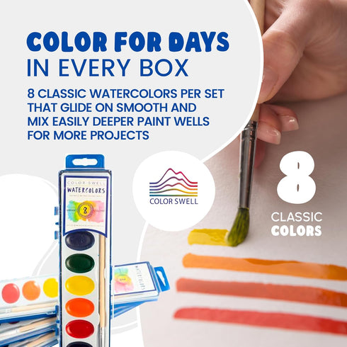 Pack 36 Sets 8 Color Swell Bulk Watercolors Paint with Wood Brushes - with Washable Colors Each - Perfect for Kids