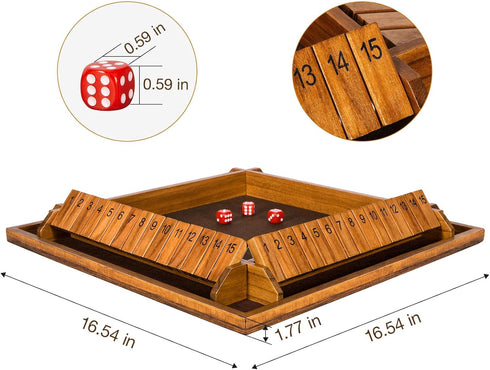 Upgraded Shut The Box Dice Game - 16.54’’ Wooden Board Math Game with 15 Numbers for 1-4 Players, 16 Dices