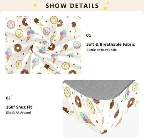 Jynexis 52x28 Donut Ice Cream Beige Pattern Baby Crib Sheets, Cotton Fitted Crib Sheet, Soft Breathable, Fits Standard