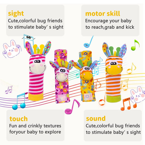Wrist Rattles Baby Socks, Soft Sensory Toys for Babies, Cartoon Animal Rattles Sock Early Development Gift