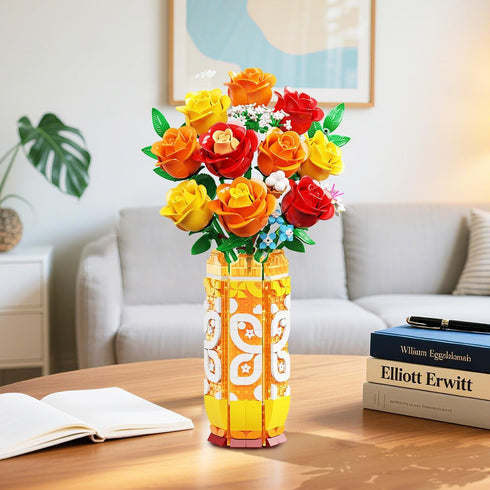 Set 3.6MM CUBIMANA Flower Bouquet Building with Vase & LED Light, Yellow, Orange and Red Roses Mini Building Blocks