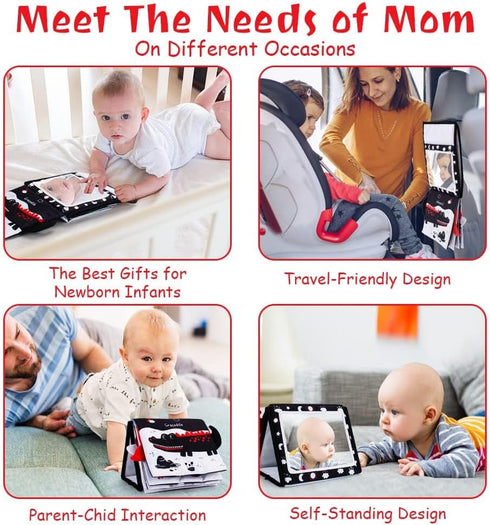 Tummy Time Mirror with Soft Book, Black and White High Contrast Baby Toys for Crawling
