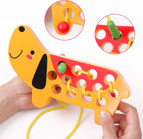 Wooden Threading Toys for 3 Year Olds, Fine Motor Skill Educational Montessori Travel Toy, 1 Strawberry & 1 Dog
