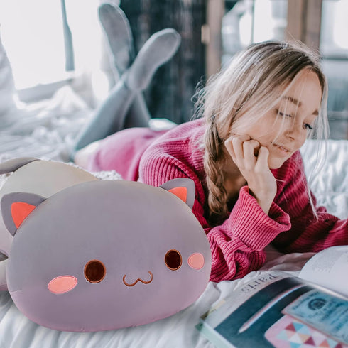 FUYU Cat Stuffed Animals, Soft Cat Plush Pillow Kawaii Kitten Stuffed Animal Toy Gifts for Kids Boys Girls Room Decor (Grey Round Eyes,15in/37cm)