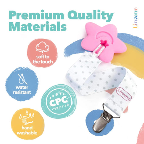 Liname Neutral Pacifier Clip with Teething Toy - 4 Pack Unisex Pacifier Clips for Boys & Girls (Pink)