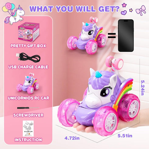360Rotating 4WD 2.4GHz 3 4 5 6+ Unicorn Remote Control Car for Girls, Stunt RC Cars for Boys with Lights, Rechargeable