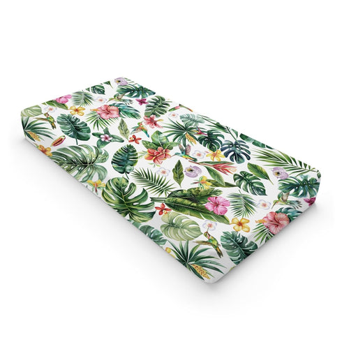 Green Tropical Leaves Floral Hummingbirds Changing Pad Covers, Rainforest Monstera Leaves for Boy Girl, Soft 32''x16''