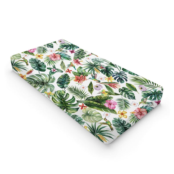 Green Tropical Leaves Floral Hummingbirds Changing Pad Covers, Rainforest Monstera Leaves for Boy Girl, Soft 32''x16''