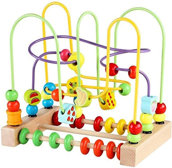 QZMTOY Wooden Toys for Toddlers – Bead Maze Toy with Colorful Animals Fruits Shapes – Educational Counting Learning Toys