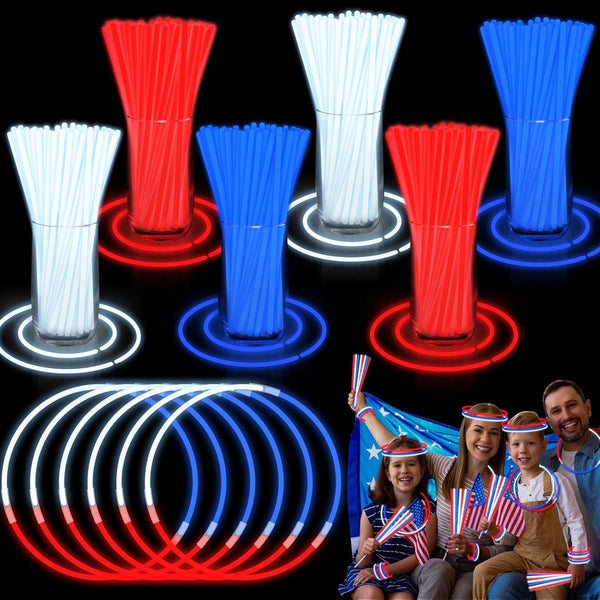 300 Pack 4th of July Glow Sticks Party Favors with Connectors, Patriotic Red White Blue Glow Accessories for