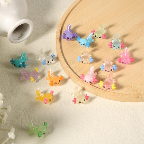 XIHIRCD 64pcs (16 Mini Axolotl Figures, Glow in The Dark Resin Axolotl Tiny Animal Figurines Ornament Axolotl Charms