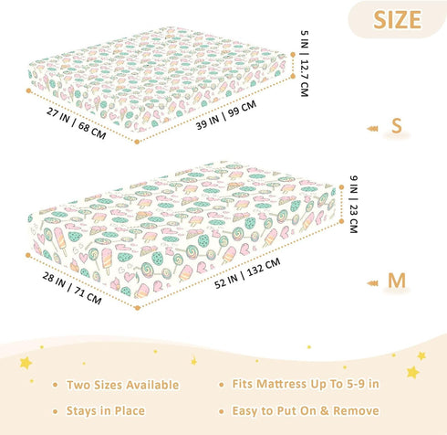 Jynexis 52x28 Candy Ice Cream White Pattern Baby Crib Sheets, Cotton Fitted Crib Sheet, Soft Breathable, Fits Standard