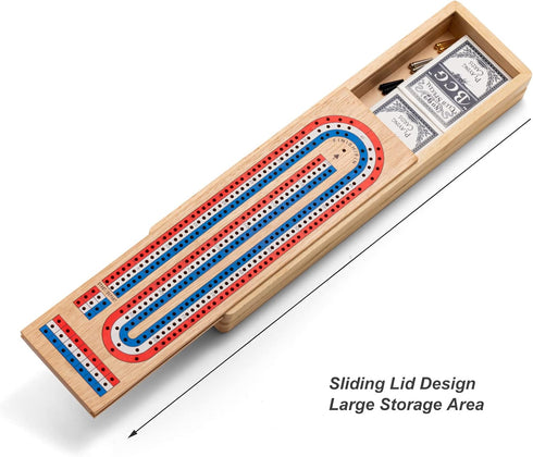 Set 3 9 2 Cribbage Board Game with Large Storage Area, Solid Wood Track Cribbage Board, Metal Pegs, Playing Cards