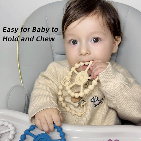 5 Pack 4 0-6 6-12 Stylish Silicone Baby Teething Toys: Teething Rings and Extra Silicone Clip, Teething Rings