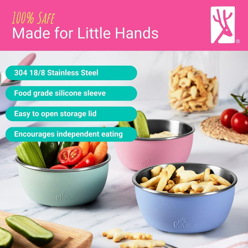 4 Pack Elk and Friends Stainless Steel Bowls + Silicone Sleeve and Storage Lid | Baby, Toddler, Kids | Cereal & Snack