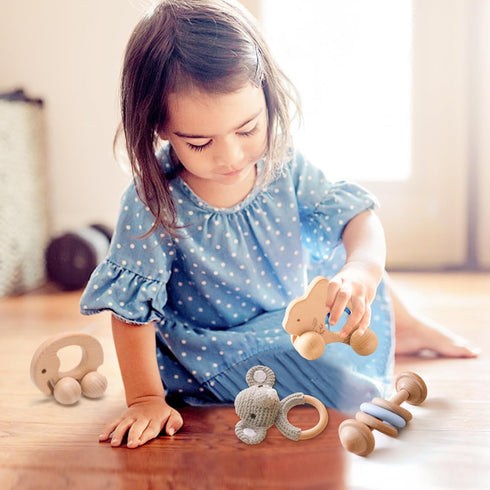 Wooden Baby Rattle 3 PCS Push Car Rattle Set, Crochet Rattle Ring Montessori Toy for Newborn Gifts