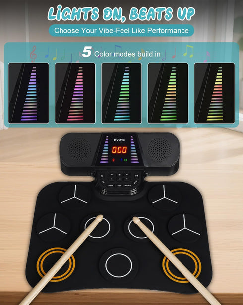 9 Set 5 2 3-12 RVONE Electronic Drum Pad for Kids Beginner with Screen, Pad Roll-Up Electric Drum with Light Mode
