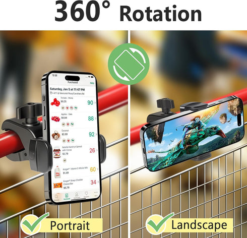 Kevenal 360 Stroller Phone Holder - Shopping Cart Phone Holder - Stroller Phone Mount with Clamp, Non-Slip Degree