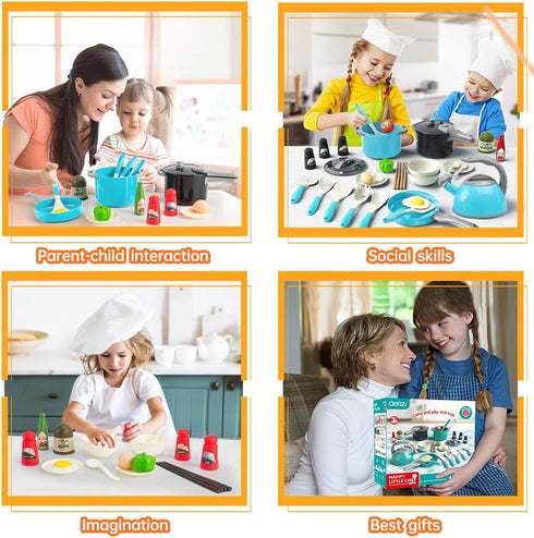 Bruvoalon 32Pcs Kids Play Kitchen Toy Set, Pretend Cooking Accessories with Pots, Pans, and Foods for Girls Boys