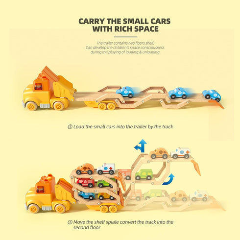Toddler Toys for 2-5 Years Old, Transport Car Carrier Truck with 6 Wooden Vehicles, 30in Foldable Track Trailer