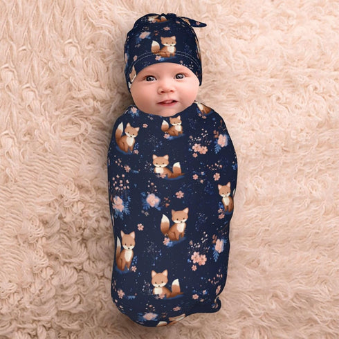 Nanyizly Set 0-6m Cute Foxes Flowers Newborns Beanie Swaddle Blanket Baby Receiving Blankets for Infant Boy Girl