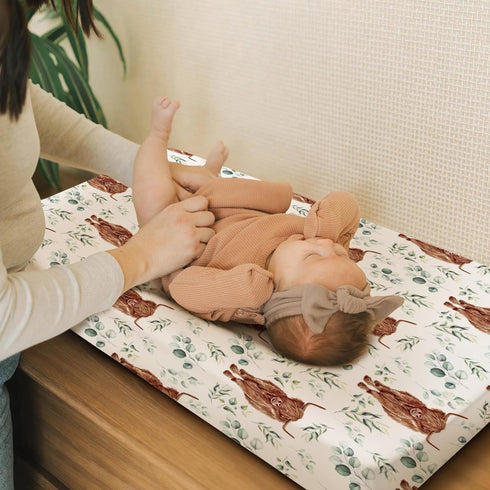 Changing Pad Cover for Baby Girl Boy, Highland Cow Eucalyptus Leaf, Soft Stretchy Safe Snug Fitted Diaper Change Table
